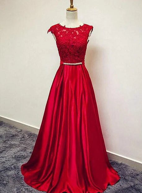 Luolandi Beautiful Red Satin and Lace Round Neckline Evening Gown A-line Formal Gown Prom Dress